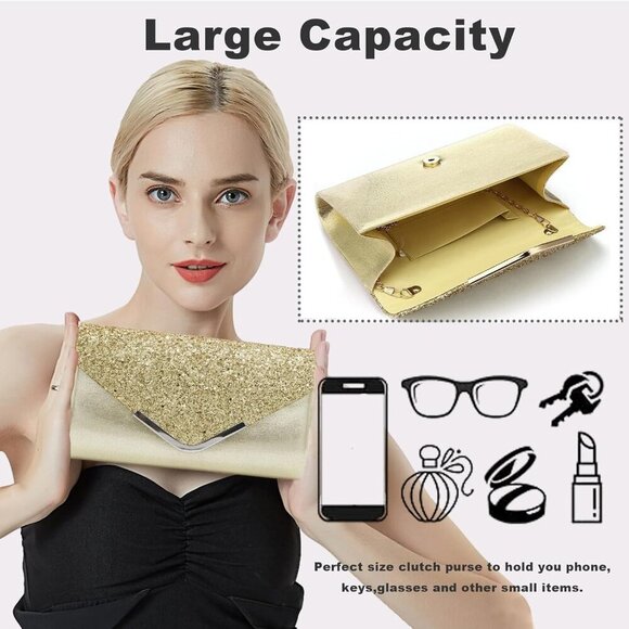 Clutch Purse for Women,Evening Bag Sparkling Handbag with Detachable Chain, Enve - Picture 5 of 9